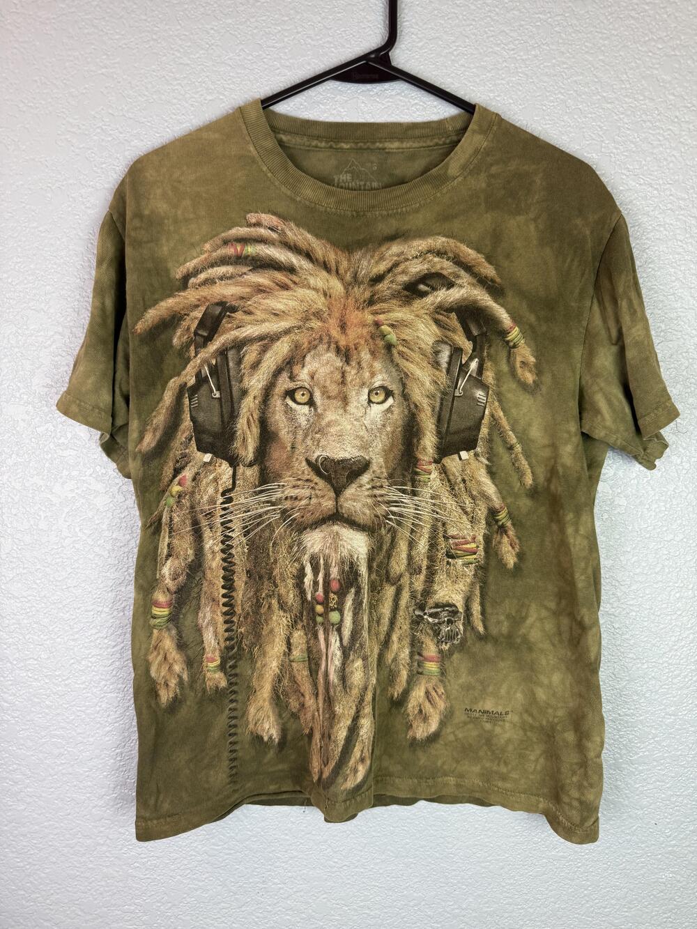 The Mountain Shirt Mens Small Green Tie Dye Rasta Lion Manimals Headphones Tee